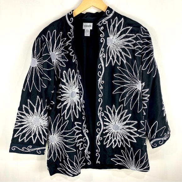 Chico's 100% Silk Floral Flower Embroidered Open Front Blazer Jacket Size‎ 1 - Picture 1 of 4
